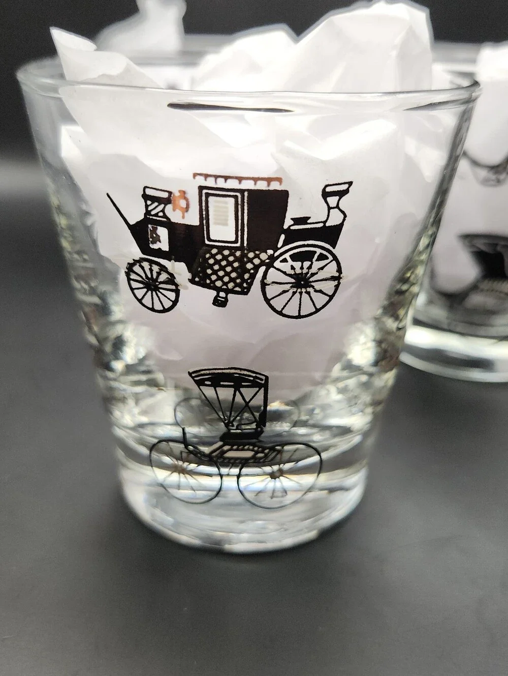 Vintage Libbey Horseless Carriage Whiskey Tumbler Set 4 Low Ball Barware Glasses